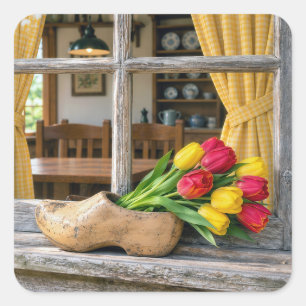 Frühlings-Tulpen in einem holländischen Holzschuh Quadratischer Aufkleber