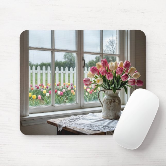 Frühlings-Tulpenstrauß am regnerischen Fenster Mousepad (Mit Mouse)