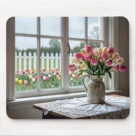 Frühlings-Tulpenstrauß am regnerischen Fenster Mousepad