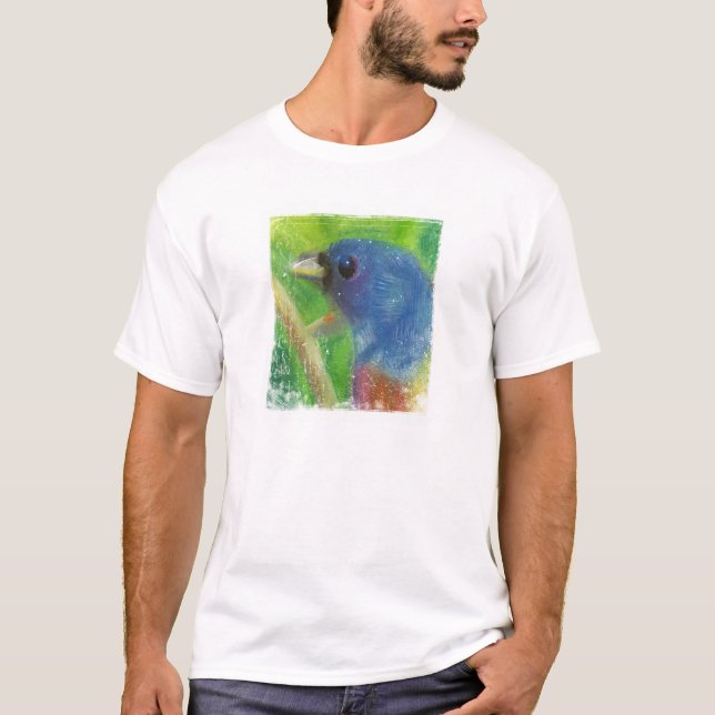 Frühlings-Vogel-Briefmarke auf Schwarzem T-Shirt (Vorderseite)