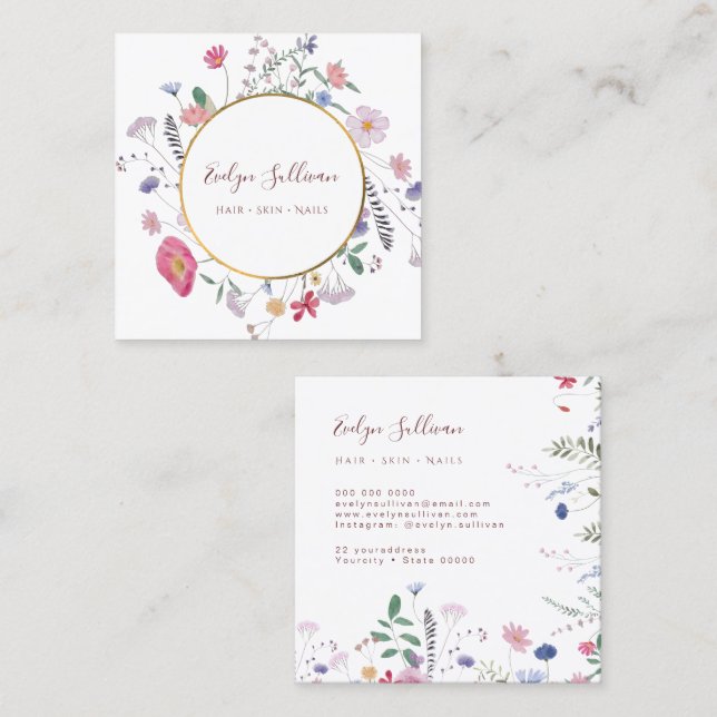 Frühlings-Wildblumen Goldkreis-Visitenkarte Quadratische Visitenkarte (Vorne/Hinten)