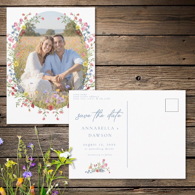 Frühlings-Wildblumengarten-Foto-Save-the-Date Postkarte (Romantic Spring Wildflower Garden Photo Save Date Postcard)