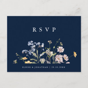 Frühlings-Wildblumenwiese-Hochzeit-RSVP in Navy Postkarte