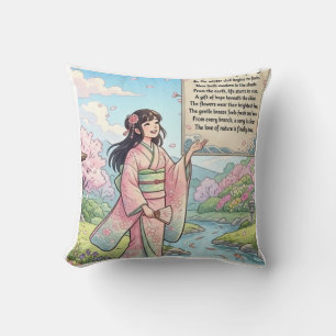 Frühlingsankunft Anime Mädchen im Kimono mit Poesi Kissen