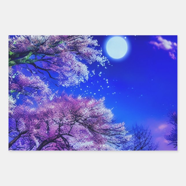 Frühlingsbaum, Mond, blauer Himmel. Geschenkpapier Set (Vorderseite)