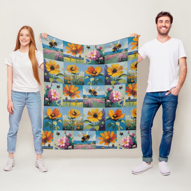 Frühlingsbienen und Wildblumen Patchwork Fleecedecke (Beispiel)