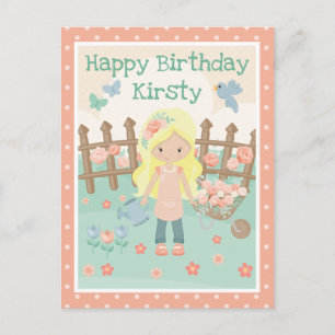 Frühlingsblonde Girl in pfirsichblütengarten Gebur Postkarte