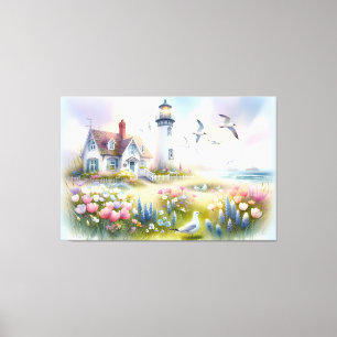Frühlingsblumen am Leuchtturm Coastal Cottage Leinwanddruck