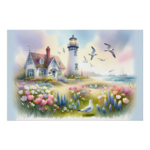 Frühlingsblumen am Leuchtturm Coastal Cottage Poster