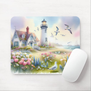 Frühlingsblumen am Leuchtturm-Cottage an der Küste Mousepad