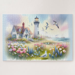 Frühlingsblumen am Leuchtturm-Cottage an der Küste Puzzle