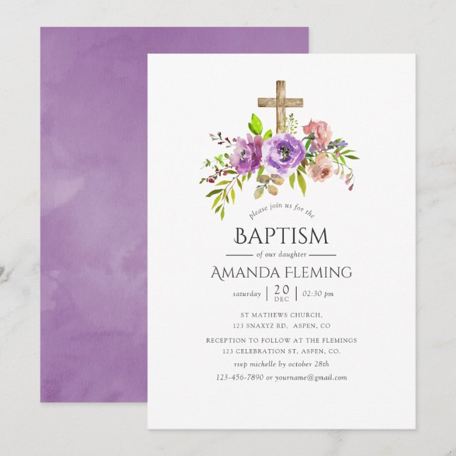 Frühlingsblumen-Aquarell-Taufe oder Christening Einladung (Vorne/Hinten)