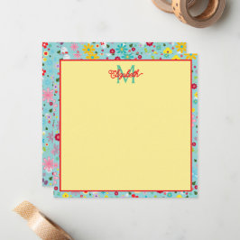 Frühlingsblumen auf Aqua Blue Monogram Mitteilungskarte