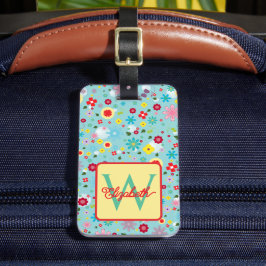 Frühlingsblumen auf aquablauem Monogramm Gepäckanhänger