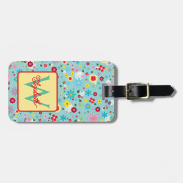 Frühlingsblumen auf aquablauem Monogramm Gepäckanhänger