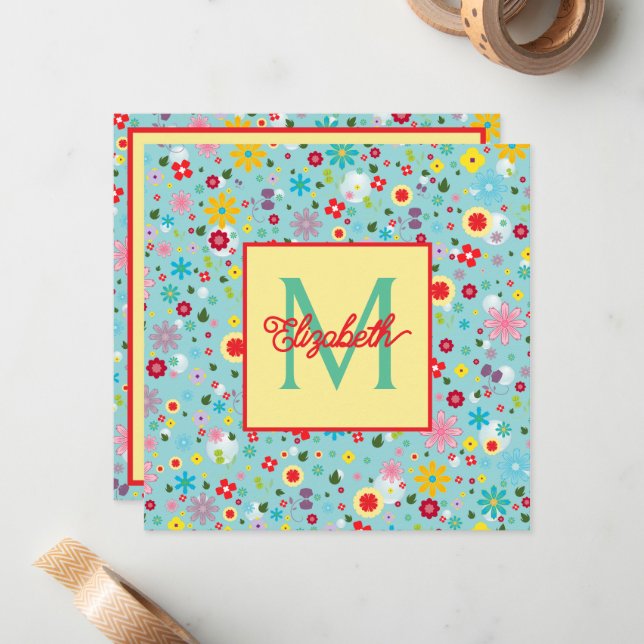 Frühlingsblumen auf aquablauem Monogramm Mitteilungskarte (Vorderseite/Rückseite Beispiel)
