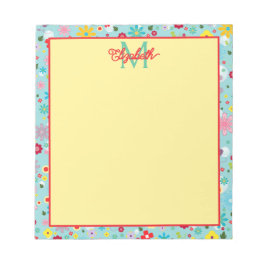 Frühlingsblumen auf aquablauem Monogramm Notizblock