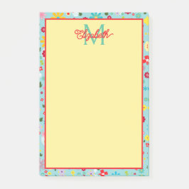 Frühlingsblumen auf aquablauem Monogramm Post-it Klebezettel