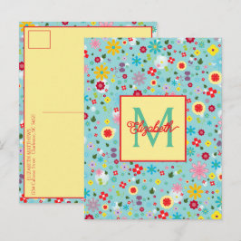 Frühlingsblumen auf aquablauem Monogramm Postkarte