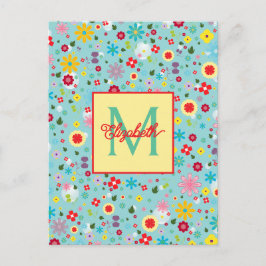 Frühlingsblumen auf aquablauem Monogramm Postkarte