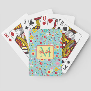 Frühlingsblumen auf aquablauem Monogramm Spielkarten