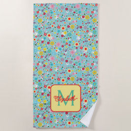Frühlingsblumen auf aquablauem Monogramm Strandtuch