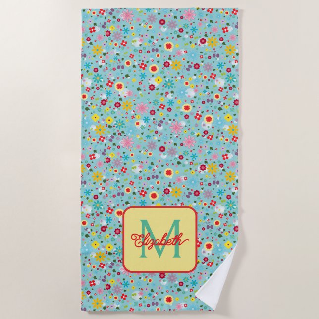 Frühlingsblumen auf aquablauem Monogramm Strandtuch (Vorderseite)
