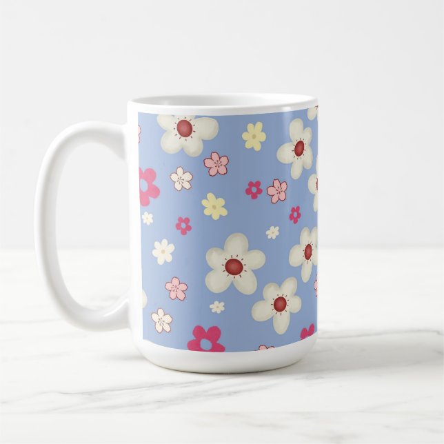 Frühlingsblumen auf blauem Hintergrund Kaffeetasse (Links)