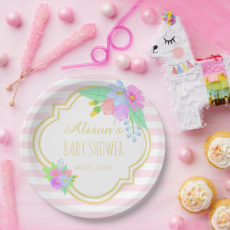 Frühlingsblumen auf rosa Babydusche Papier Teller 