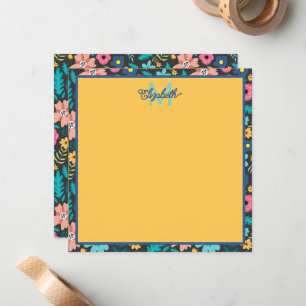 Frühlingsblumen auf schwarzem Monogramm Mitteilungskarte