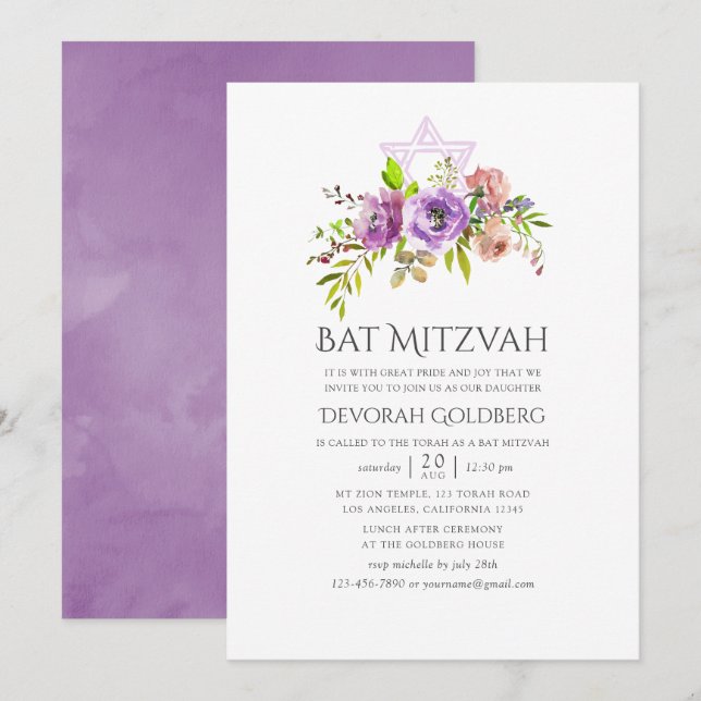 Frühlingsblumen Bat Mitzwa Einladung (Vorne/Hinten)