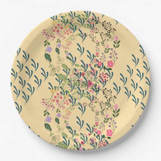 Frühlingsblumen + Blatt-Design Gelbe Party Pappteller (Vorderseite)