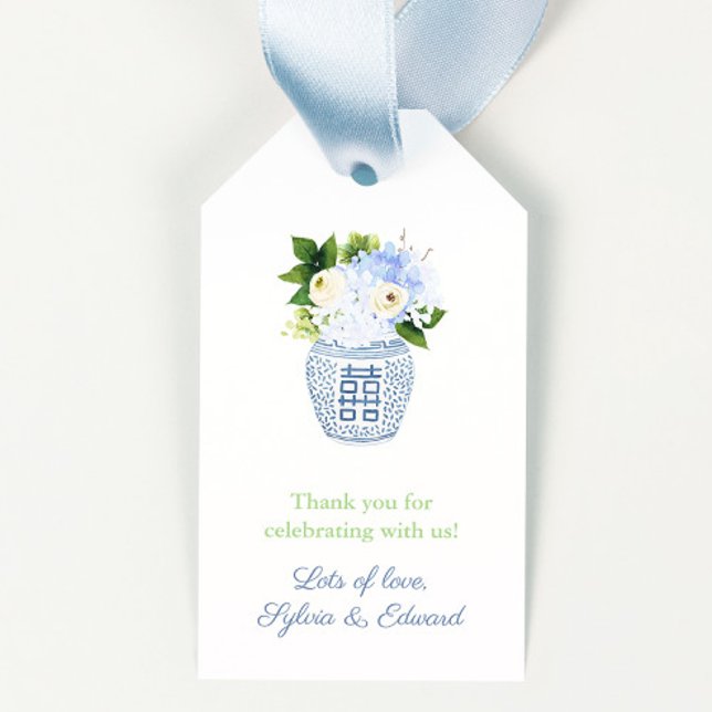 Frühlingsblumen Blau Weiße Griechische Schlüssel B Geschenkanhänger (Blue and white ginger jar with neutral florals wedding or baby shower party favor tags design)
