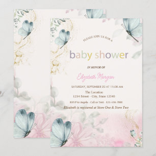 Frühlingsblumen Blaue Schmetterlinge Baby Shower Einladung