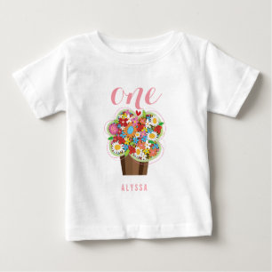 Frühlingsblumen Cupcake Mädchen 1. Geburtstagsfeie Baby T-shirt