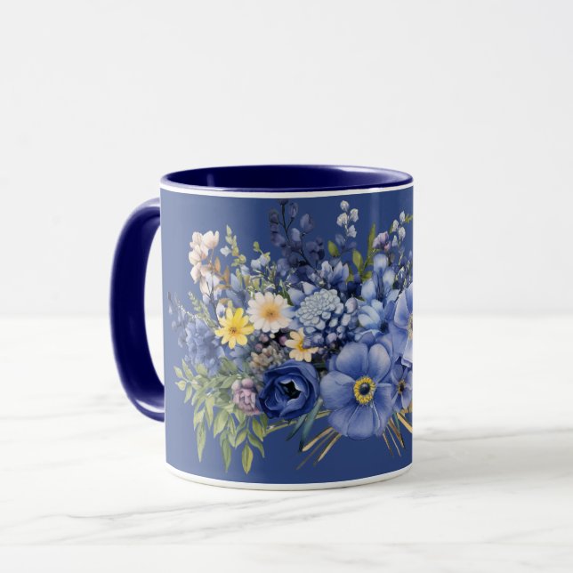 Frühlingsblumen, dunkelblauer Hintergrund, Tasse (Vorderseite Links)