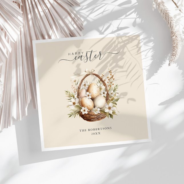 Frühlingsblumen Eier Pastel Happy Oaster Serviette (Spring Flowers Eggs Pastel Happy Easter Napkins on a sunny white table.)