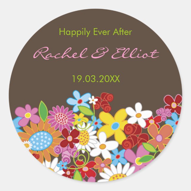 Frühlingsblumen Garten Whimsical Hochzeitsticker Runder Aufkleber (Vorderseite)
