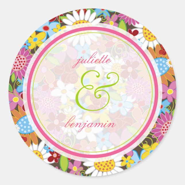 Frühlingsblumen Garten Whimsical Hochzeitsticker Runder Aufkleber (Vorderseite)