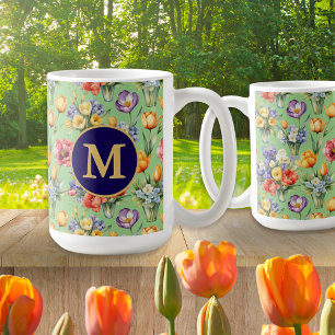 Frühlingsblumen Gartenweide Grün Mit Monogramm Kaffeetasse