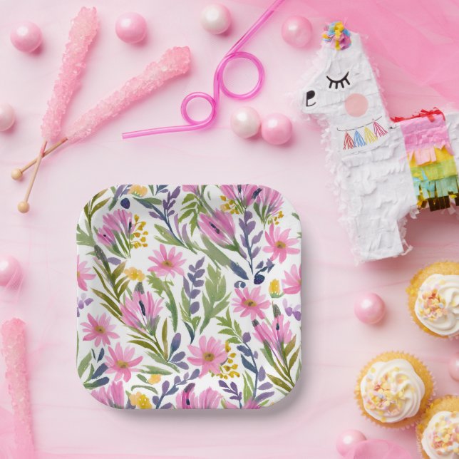 Frühlingsblumen | Hübsche Pastell Floral Wasserfar Pappteller (Party)