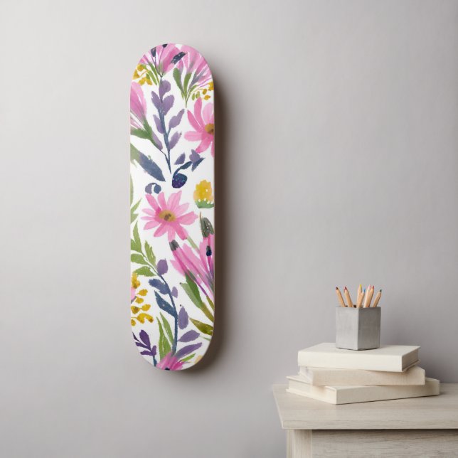 Frühlingsblumen | Hübsche Pastell Floral Wasserfar Skateboard (Wandkunst)