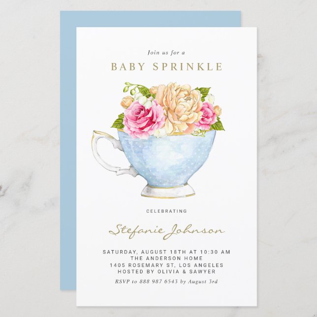 Frühlingsblumen im Teacup Baby Sprinkle Einladung (Vorne/Hinten)
