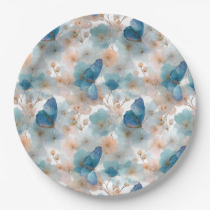 Frühlingsblumen im Vintage-Stil & blauer Schmetter Pappteller