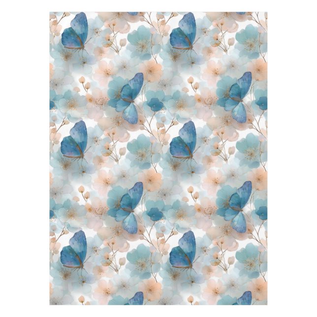 Frühlingsblumen im Vintage-Stil & blauer Schmetter Tischdecke (Vorderseite)