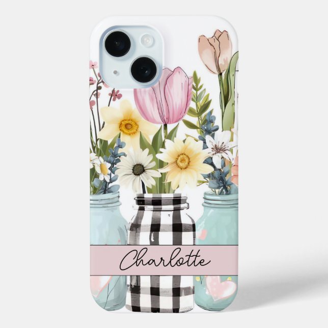 Frühlingsblumen in Mason Jar Design mit Namen Case-Mate iPhone Hülle (Rückseite)