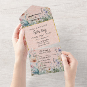 Frühlingsblumen in Pfirsichblau und Rosa All In One Einladung