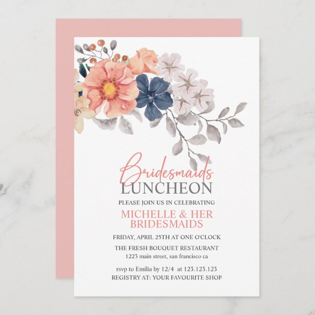 Frühlingsblumen Korallenwache Bridesmaids Luncheon Einladung (Vorne/Hinten)