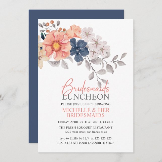 Frühlingsblumen Korallenwache Bridesmaids Luncheon Einladung (Vorne/Hinten)