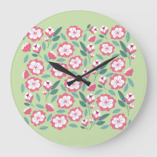 Frühlingsblumen, Kräuter, hellgrünes Banner. Große Wanduhr